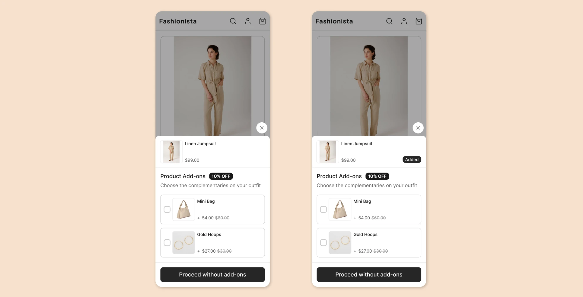 Add-on popup before and after: the right version shows an "Added" badge next to the main product once it's in the cart
