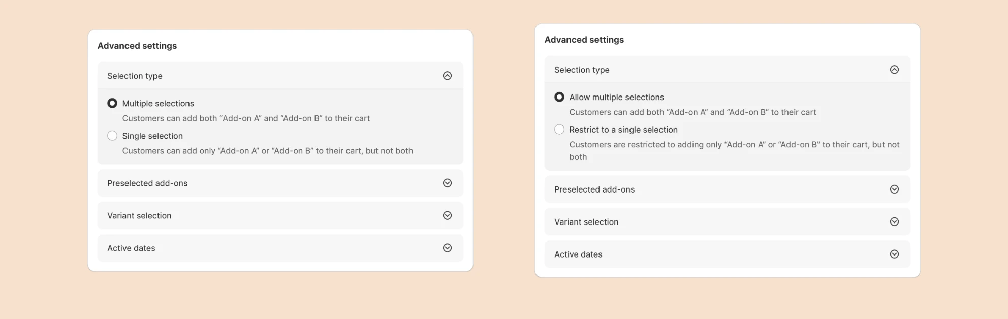 Advanced settings copy before and after: the right version rewrites the selection-type labels and descriptions for clarity