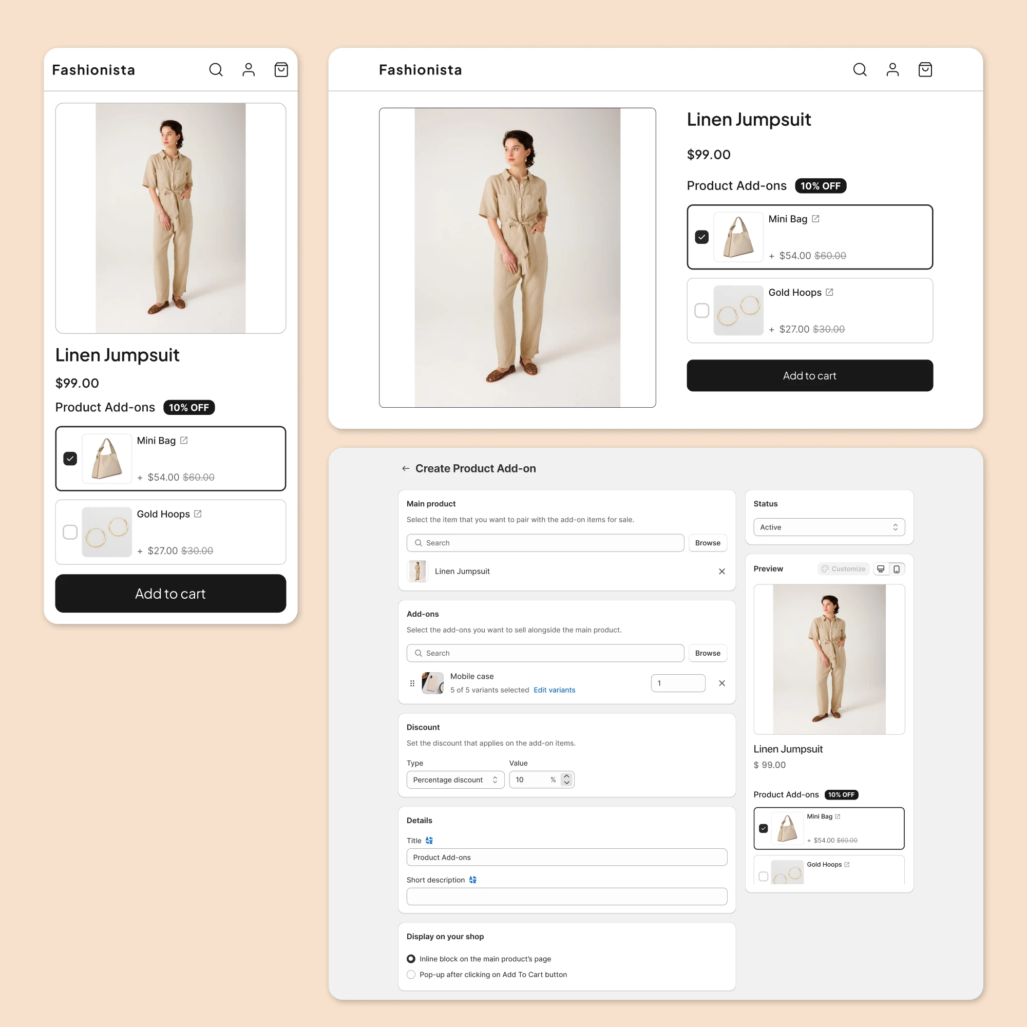 Product add-on shown on the mobile and desktop storefront product page, and the admin Create Product Add-on panel with a live preview