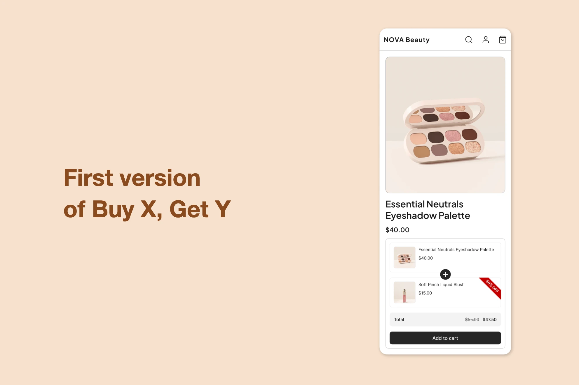 First version of Buy X Get Y: a storefront product page where the add-on item is added inside the same cart summary as the main product, styled as one packaged unit with a combined total