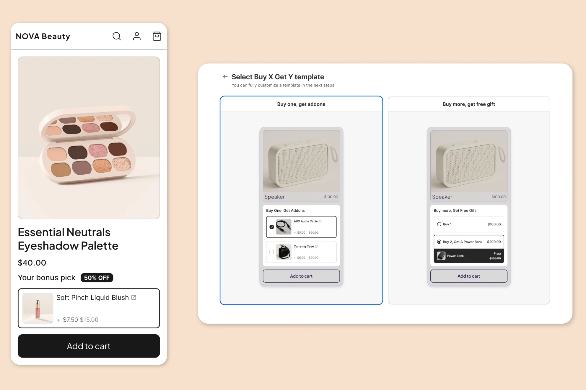 Select Buy X Get Y template screen with a new "Buy one, get addons" template alongside the original "Buy more, get free gift" template, and the resulting storefront cart using the add-on's trigger/action flow