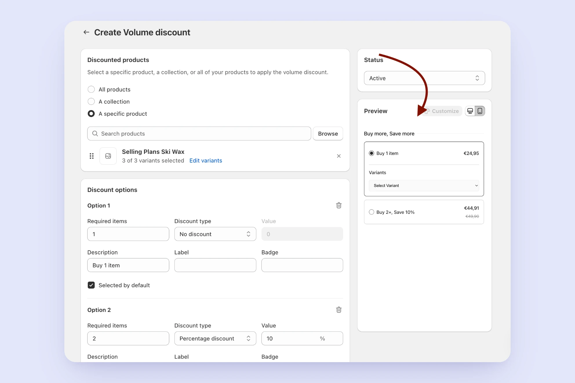 Create Volume discount screen, showing the discounted-products selector without a product preview image