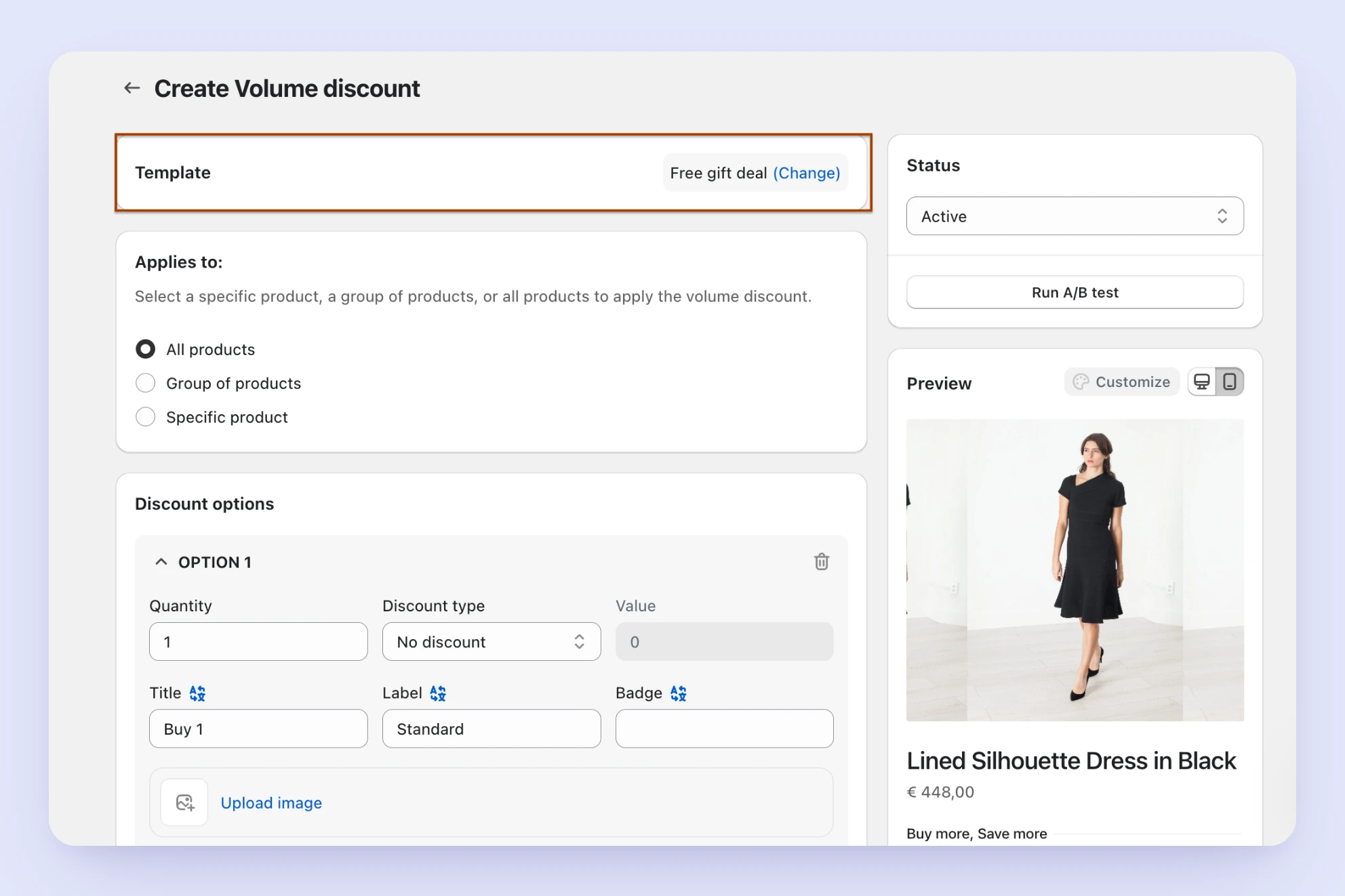 Create Volume discount screen with the selected template shown at the top and a live storefront preview beside it