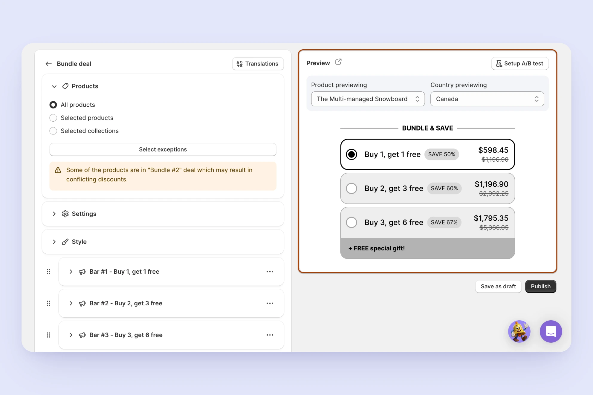 Kaching Bundles editor with a live, styled preview and built-in A/B test setup beside it