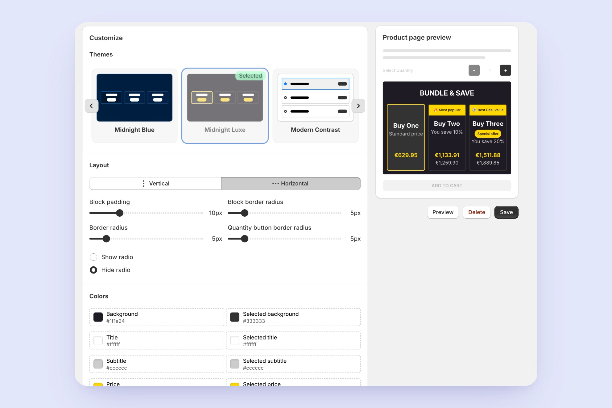 Upsell Koala Bundles theme and layout customization panel with a live product-page preview beside it
