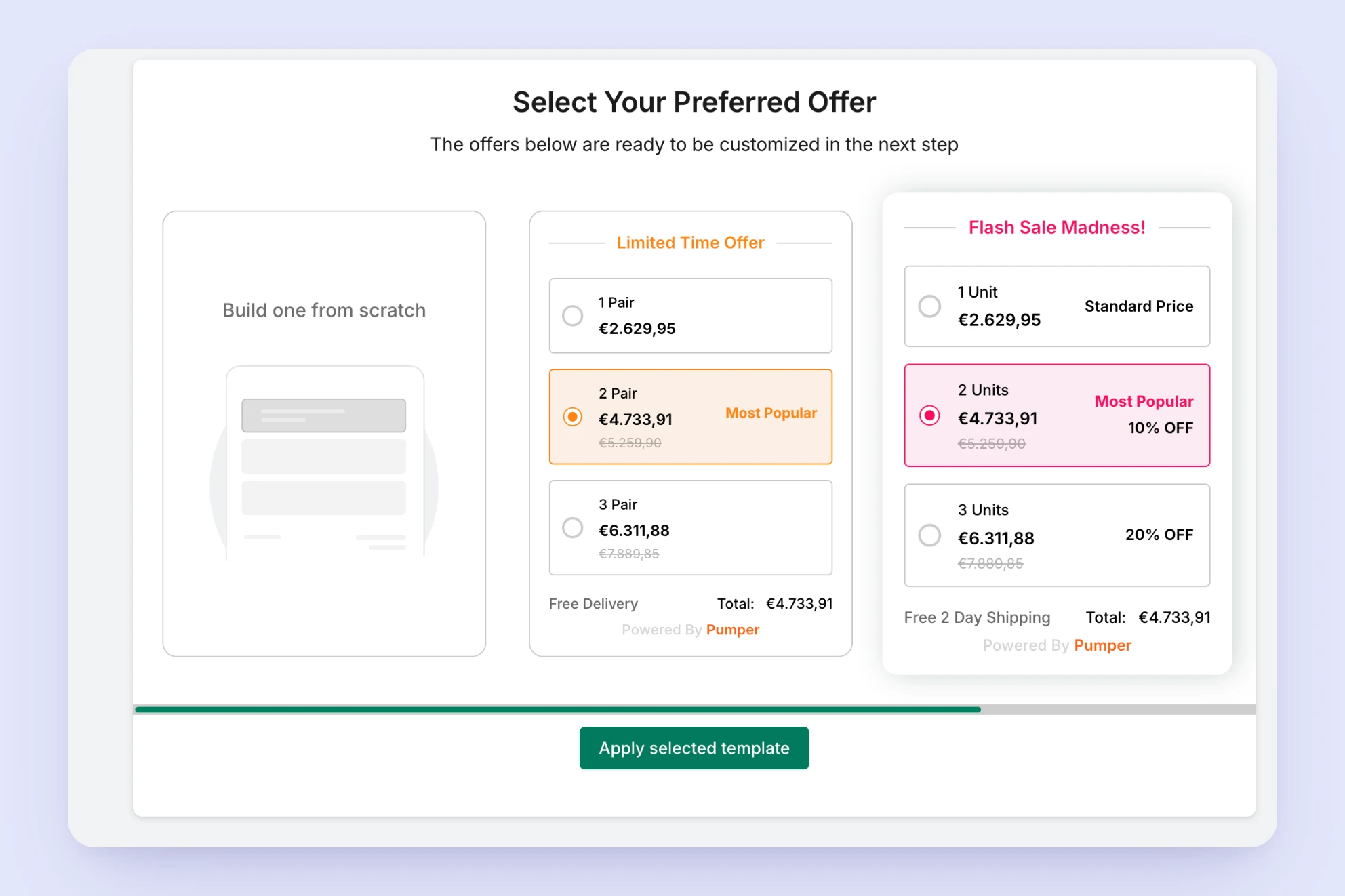 Pumper offer-selection step showing three differently styled bundle templates