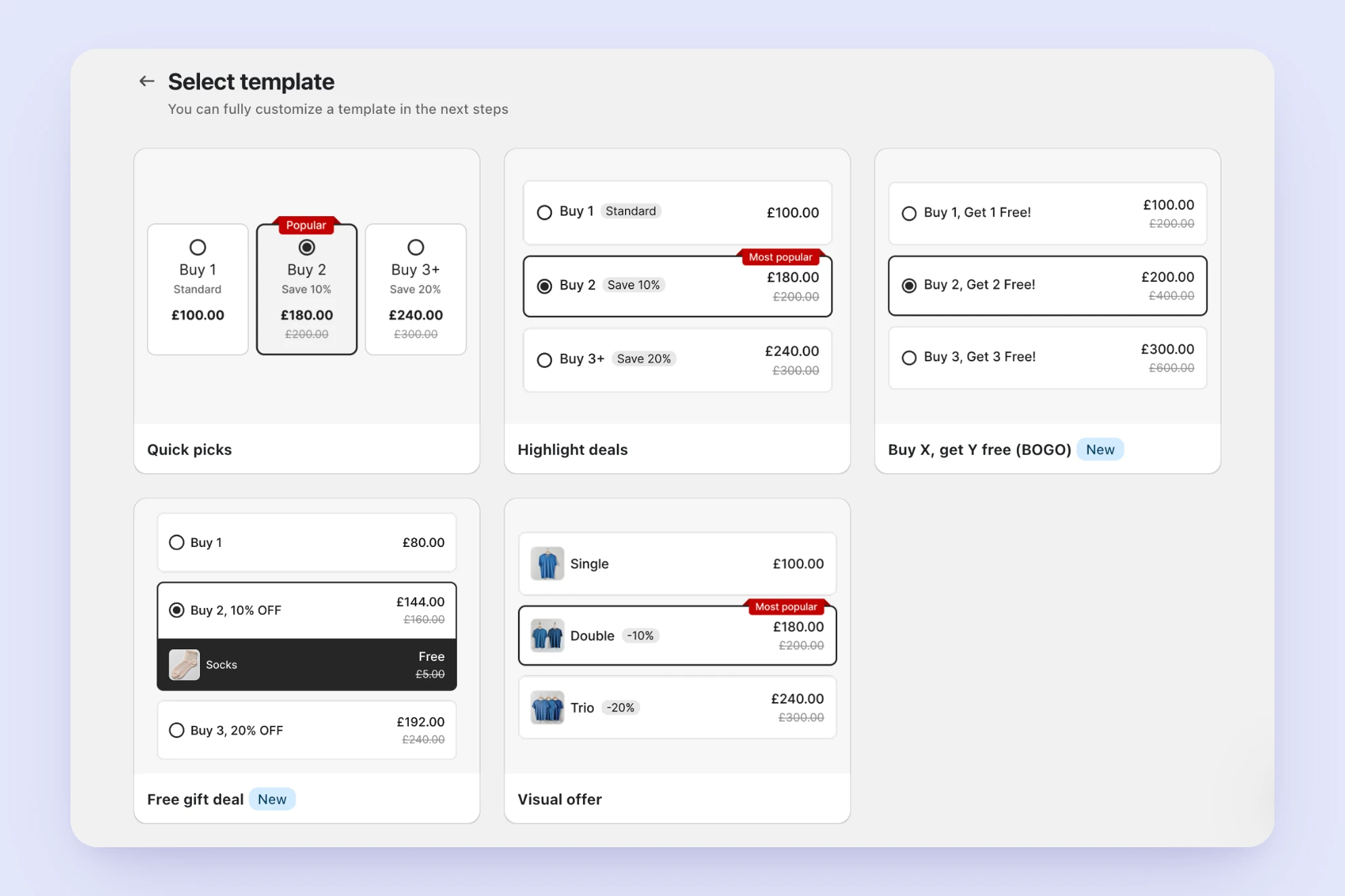 Select template screen, showing several ready-made templates grouped by category such as Quick picks, Highlight deals, and Visual offer