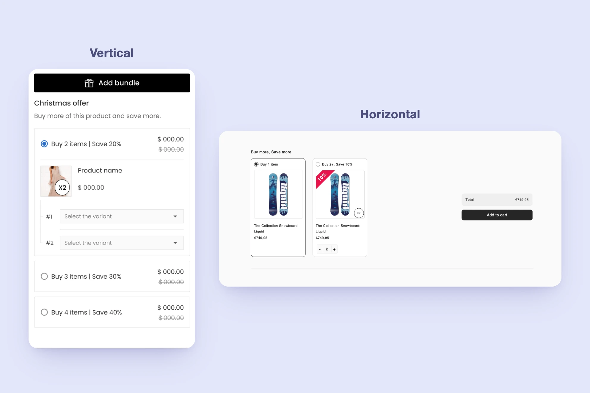 Vertical and horizontal Volume Discount storefront widget layouts, both showing inconsistent spacing and placeholder styling